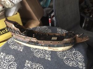 Antique Early 1900 S Hand Carved Painted Wood 17th Century Battle Ship Model