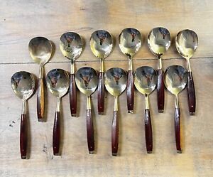 Vintage Mid Century Thai Brass Rosewood Flatware Twelve 6 Soup Spoons