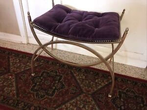 Vintage Mcm Hollywood Regency Vanity Stool Chair Brass Mesh Velvet Cushion