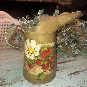 Vintage Water Can Bent Spout Hand Painted Strawberries And Daisies 9 Tall