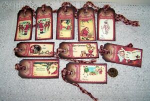 10 Christmas Old World Primitive Farmhouse Handmade Linen Cardstock Gift Tags
