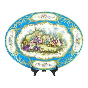 Large Sevres Louis Xvi Style Gilt Bleu Celeste Porcelain Charger Platter