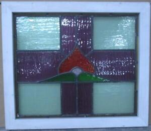 Midsize Old English Leaded Stained Glass Window Abstract Cross Design 25 X 21 