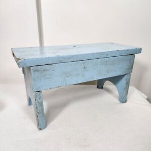 Vintage Mcm Wooden Sky Blue Painted Distressed Oak Foot Step Stool Bench Country
