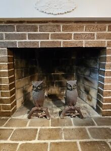 Antique Heavy Cast Iron Owl Fireplace Andirons Fire Dogs Original Eyes 3000 2