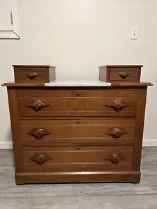 Antique Maple 3 Drawer Dresser With White Marble Top