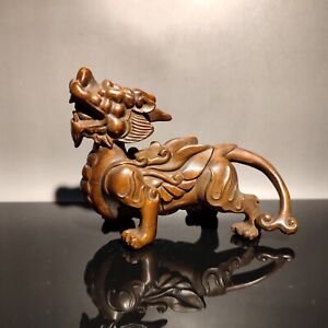 Vintage Chinese Wooden Dragon Statue Wood Carving Unicorn Room Decor Sculpture