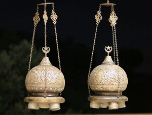 Antique Pair Of Lantern Brass Inlaid Silver Islamic Mosque Ottoman Empire Mamluk