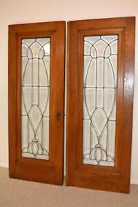 Pair Antique French Beveled Glass Oak Frame Doors 30 Each X 79 5 