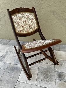 Vintage Carved Mahogany Fold Up Victorian Rocking Chair Reupholstered