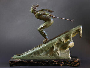 Lady Skier At Zermatt 1925 By Focht Rare Large Size Bronze With Marble Base