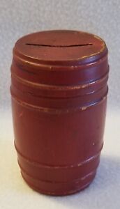 19th Century Turned Treen Ware Wooden Barrel Bank Original Red Paint 3 1 2 Tall