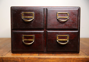 Antique Library Card Catalog 4 Drawer Index Wood File Cabinet Brass Pulls