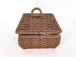 1800s Antique Sewing Basket With Lid Square Brown Wicker Sage Silk Interior Read