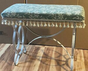 Vintage White Wrought Iron Vanity Piano Fireside Bench Cushion Top With Tassels