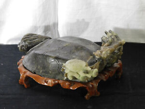 Hand Carved Jade Stone Sculpture Of Large Small Turtle W Custom Wood Stand