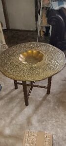 1920s Indian Antique Moroccan Brass Tray Table On Folding Wooden Stand