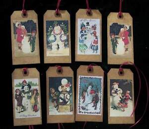 Primitive Vintage Snowmen Christmas Hang Tags With Burgundy Ribbon Scented