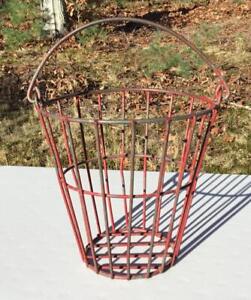 Vintage Metal Chippy Red Paint Egg Clam Gathering Basket Swing Handle Holiday
