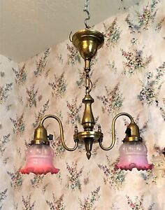 Antique Two Armed Hanging Lamp Light Chandelier W Cranberry Shades
