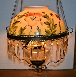 Victorian Parlor Pull Down Lamp Lovely Hand Painted Shade Prism Crystals 1890 S