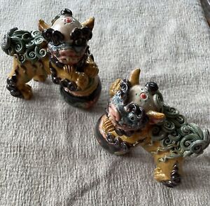4 Chinese Pair Wucai Porcelain Koji Pottery Foo Dog Lion Pair