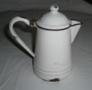 Vintage Enamelware 6 1 2 Coffee Pot White Black Farmhouse Salesman Sample