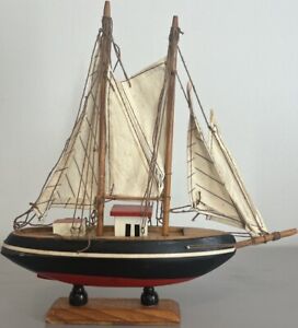 Vintage Wooden Sailboat Model Hand Made Carved Cloth Sail Sailing 9 5 X 9 