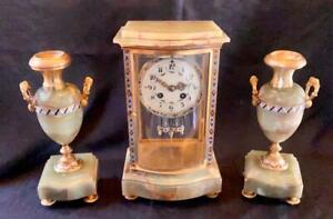Antique French Marble Cloisonne Four Glass Clock Garniture