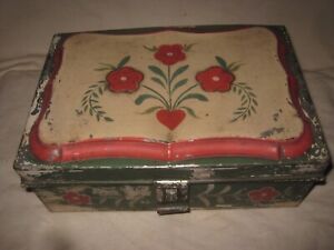 Vintage Hand Painted Tole Ware Tin Document Wedding Box 9 X6 X4 Flowers Heart