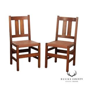 L J G Stickley Antique Mission Oak Pair Of Leather Seat Side Chairs