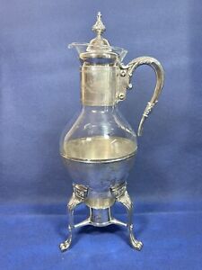 Vintage Silver Plated And Glass Coffee Carafe Tea Pot W Metal Warmer Stand 16 