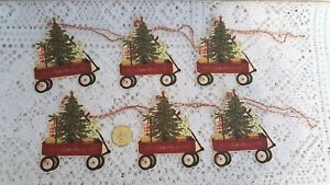 6 Primitive Christmas Farmhouse Wagon Fussy Cut Linen Cardstock Gift Hang Tags
