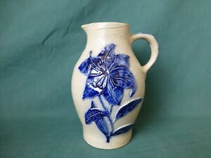 Antique Blue Decorated Molded Stoneware Pitcher
