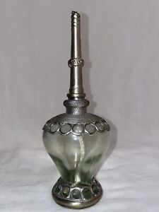 Vintage Egyptian Themed Oil Lamp Clear Glass Seven Inches Tall Pewter Silver