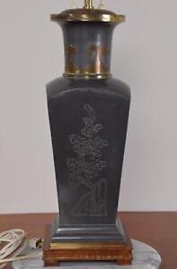 Chinese Pewter And Brass Vase Lamp Engraved With Flowers Bamboo And Bird