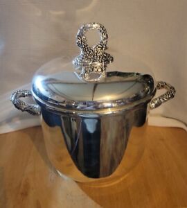 Godinger Silver Plated Lined Ice Bucket W Lid Ornate Grape Design Ice Tongs 