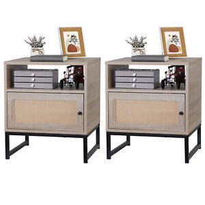 Set Of 2 Nightstand Rattan Side End Table With Storage Drawer Solid Metal Feet