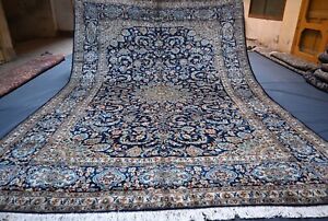 Navy Blue Floral Vintage Caucasian Area Rug 9x12 Hand Knotted Oriental Wool Rug