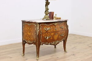 French Vintage Bombe Chest Dresser Marquetry Marble Top 46499