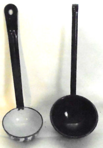 2 Antique Kitchen Tool Graniteware 11 Ladle Water Dippers Speckled Gray Enamel