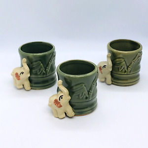 Japan Green Bamboo Design Tea Cups Saki Cups With Elephant Set Of 3 Vintage Read