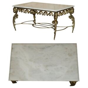 Antique Italian Brass Carrara Marble Coffee Table Circa 1880 Thick Cut Top