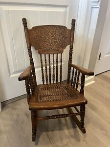 Vintage Antique Wood Child S Rocking Chair With Cane Seat Turned Wood Spindles