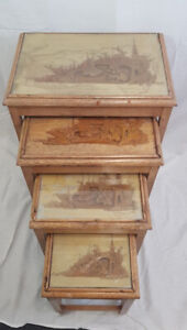 Unusual Nest Of 4 Oriental Tables With Decorate Carvings Glass Topped