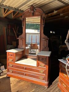 1860s Victorian Drop Front Marble Top Dresser With Mirror Walnut Burl Walnut