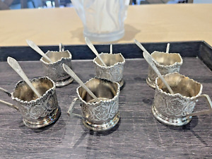 Sterling Silver Antique Tea Cup Glass Holders Set Of 6 Matching Spoons Vintage