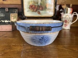 Antique Blue Salt Glaze Stoneware Bowl With Bale Handle Apple Blossom Trellis