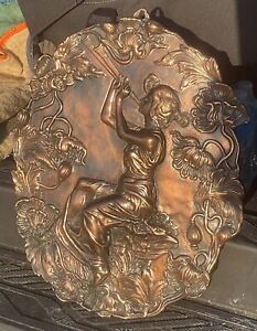 Huge Copper Plated Art Nouveau Lady Poppies Relief Wall Plaque