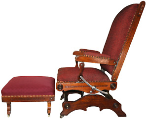 Antique Restored Upholstered Oak Cast Iron Platform Rocker With Footrest